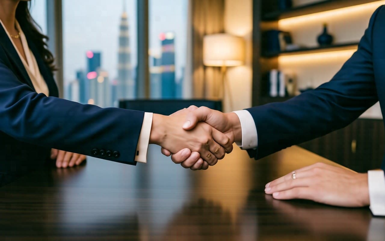 Two real estate professionals shaking hands in a premium office